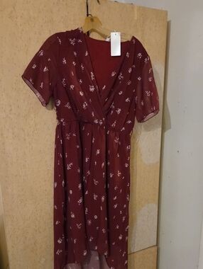 august silk Burgundy Floral Midi Wrap Dress